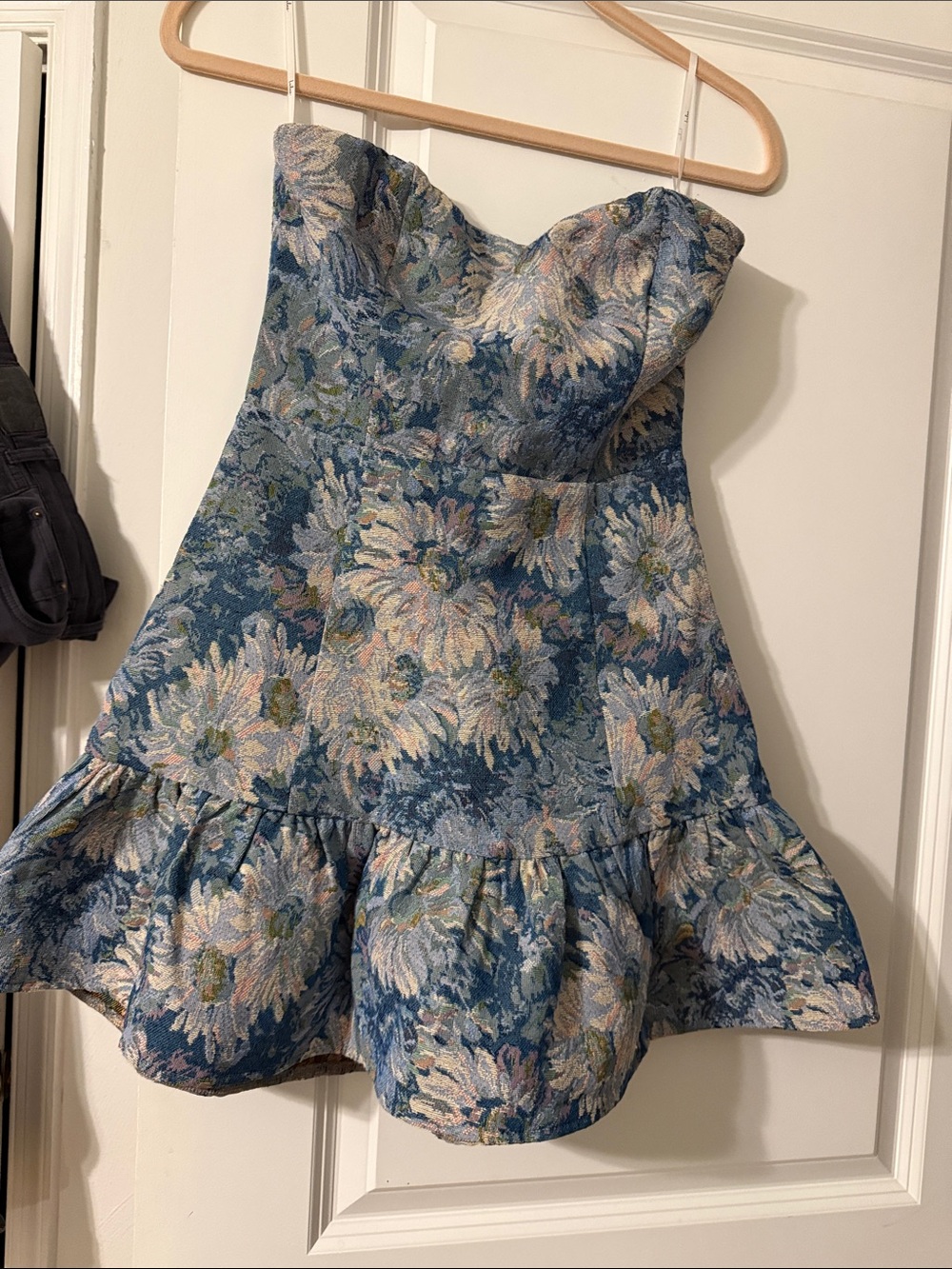 Lulu's Blue Floral Strapless Jacquard Dress